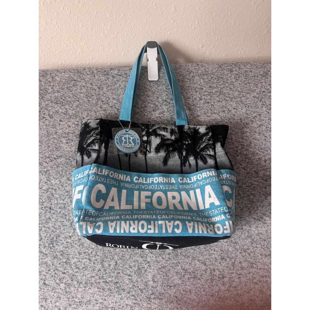 Robin Ruth Tote Bag Womens Small Blue Excellent California Palm Tree Canvas Zip